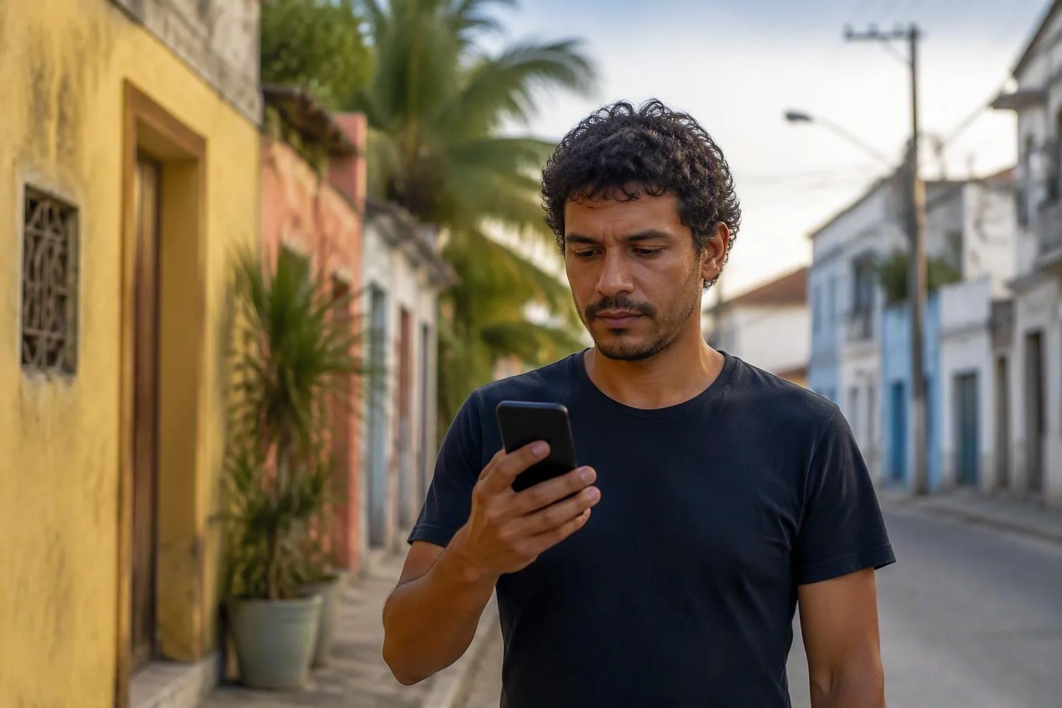 Pessoa abrindo um site em um celular comum na rua
